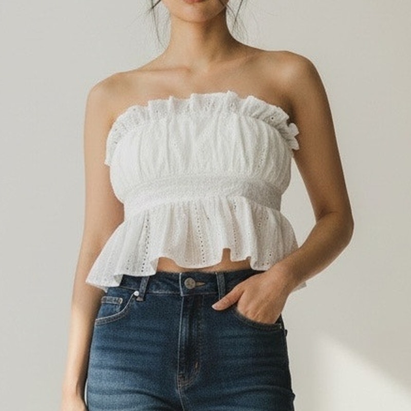 Thirty Thirty White Lace Ruffle Cropped Top Xs Peplum Fairy